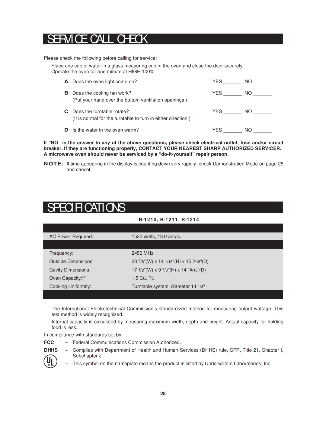 Sharp operation manual R V I C E C a L L C H E C K, Specification S, 1210, R-1211, R-1214, Fcc, Dhhs 