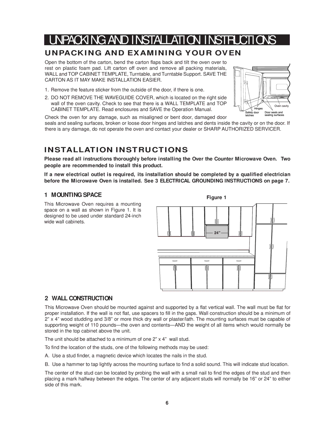 Sharp R-1214 Unpacking and Examining Your Oven, Installation Instructions, Mounting Space, Wall Construction 