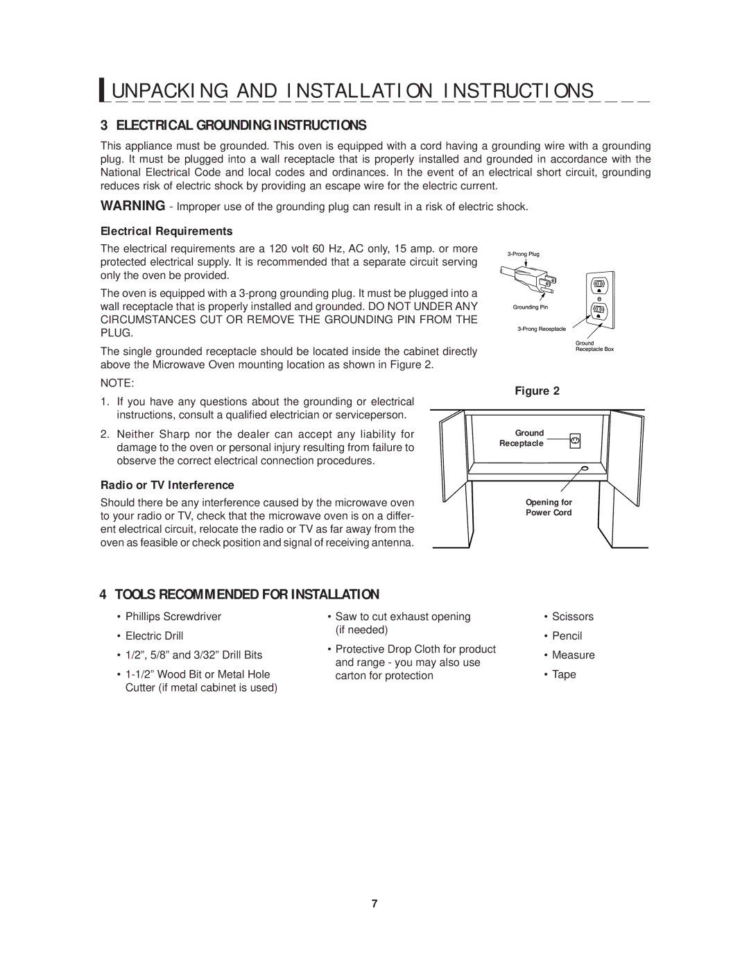 Sharp R-1214 operation manual Electrical Grounding Instructions, Tools Recommended for Installation 