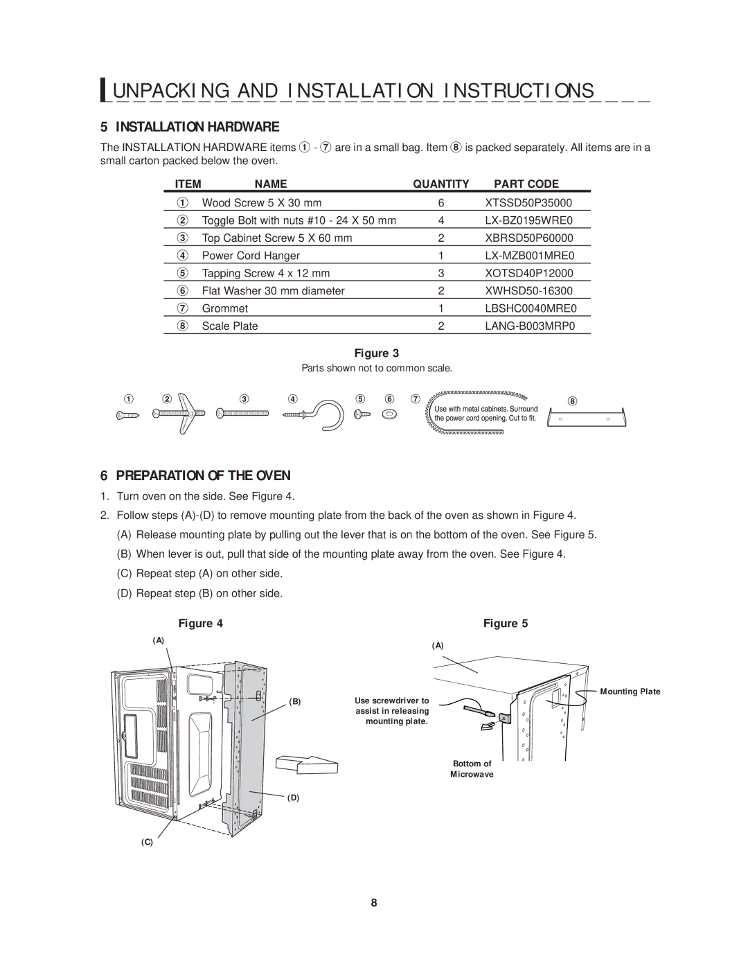 Sharp R-1214 operation manual Installation Hardware, Preparation of the Oven, Name Quantity Part Code 