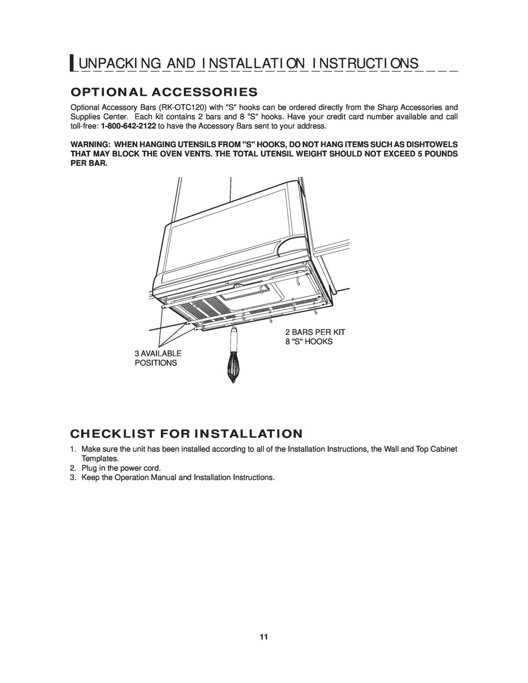 Sharp R-1214 operation manual Optional Accessories, Checklist For Installation 