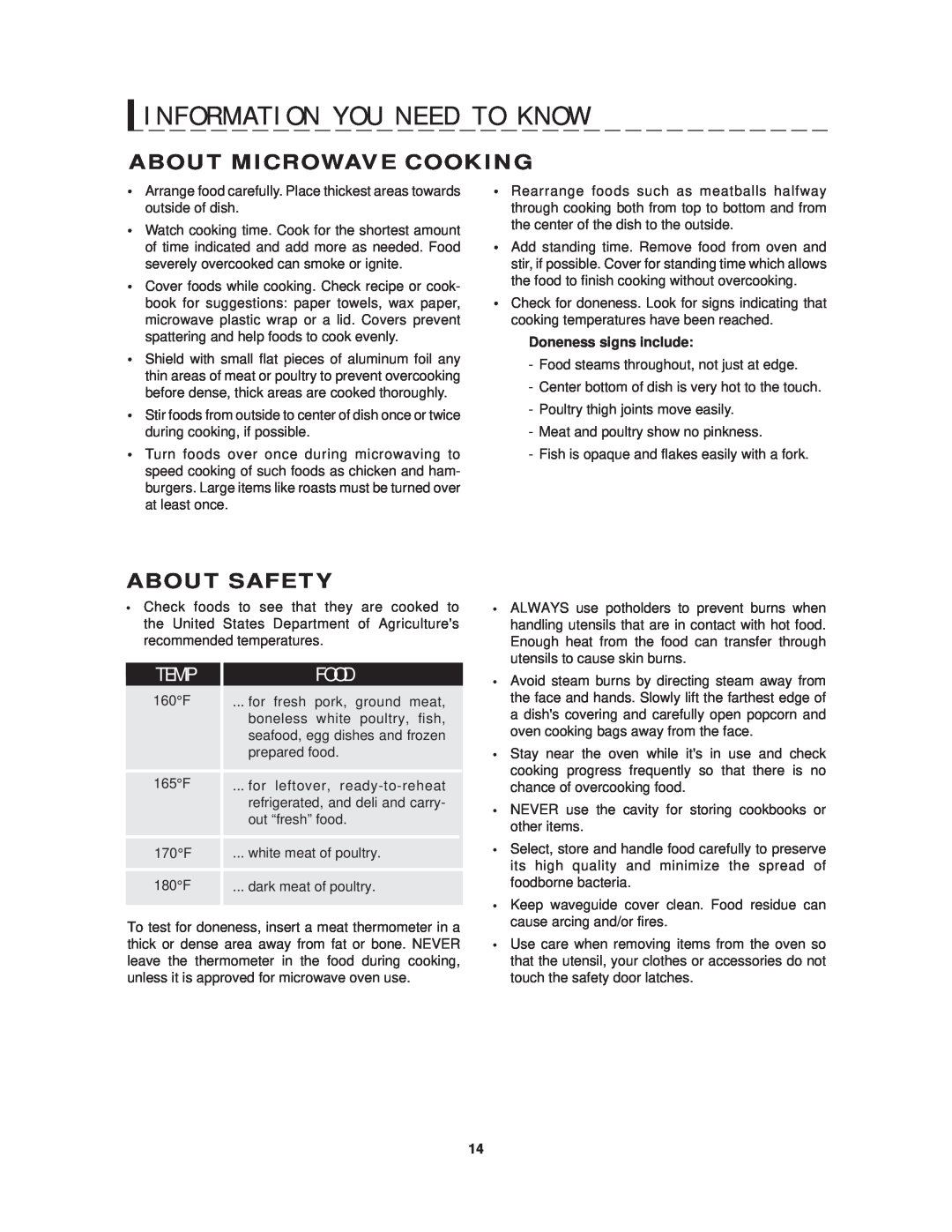 Sharp R-1214 About Microwave Cooking, About Safety, T E M P, F O O D, I N F O R M A T I O N Y O U N E E D T O K N O W 
