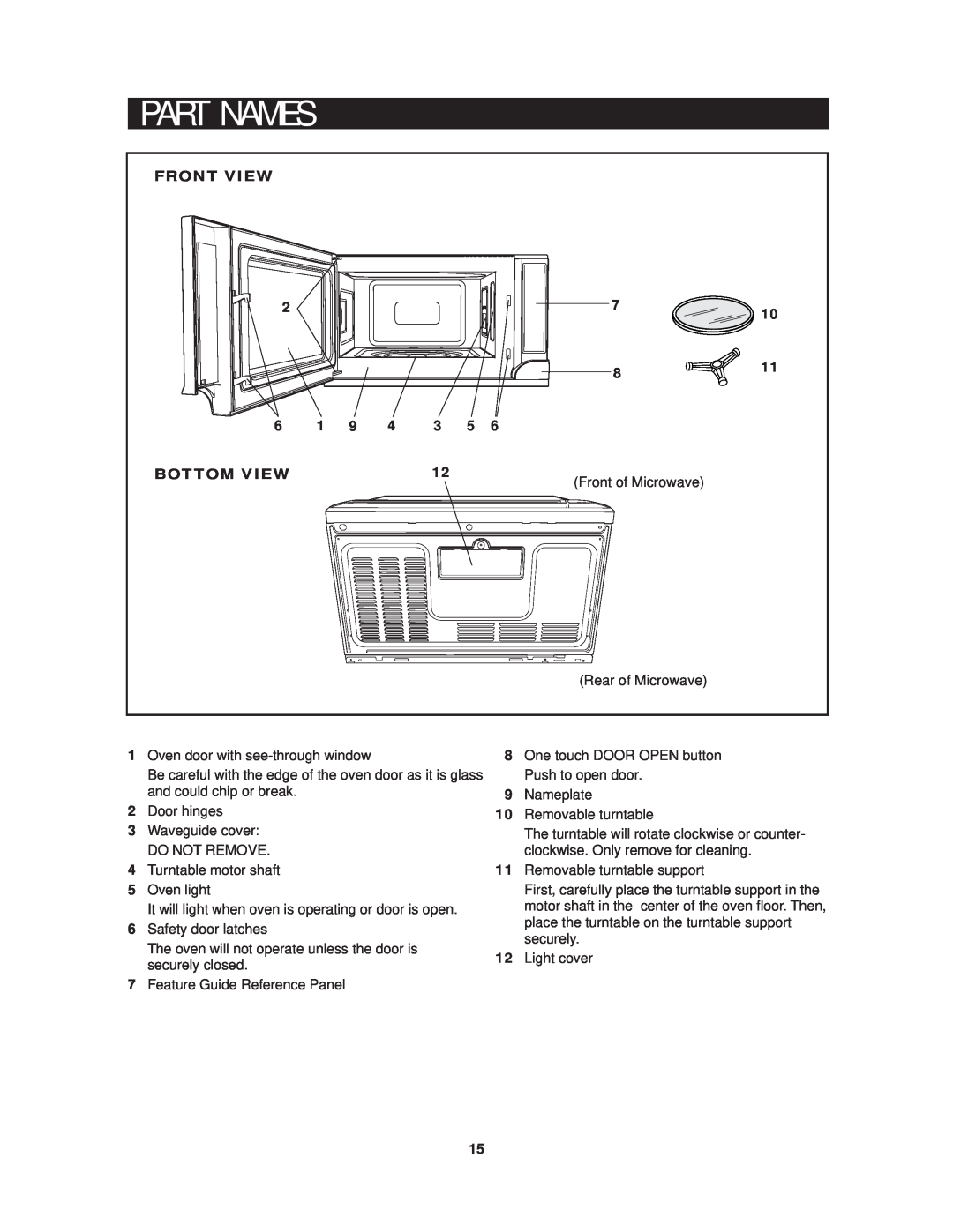 Sharp R-1214 operation manual P A R T N A M E S, Front View, Bottom View, Front of Microwave, Rear of Microwave 