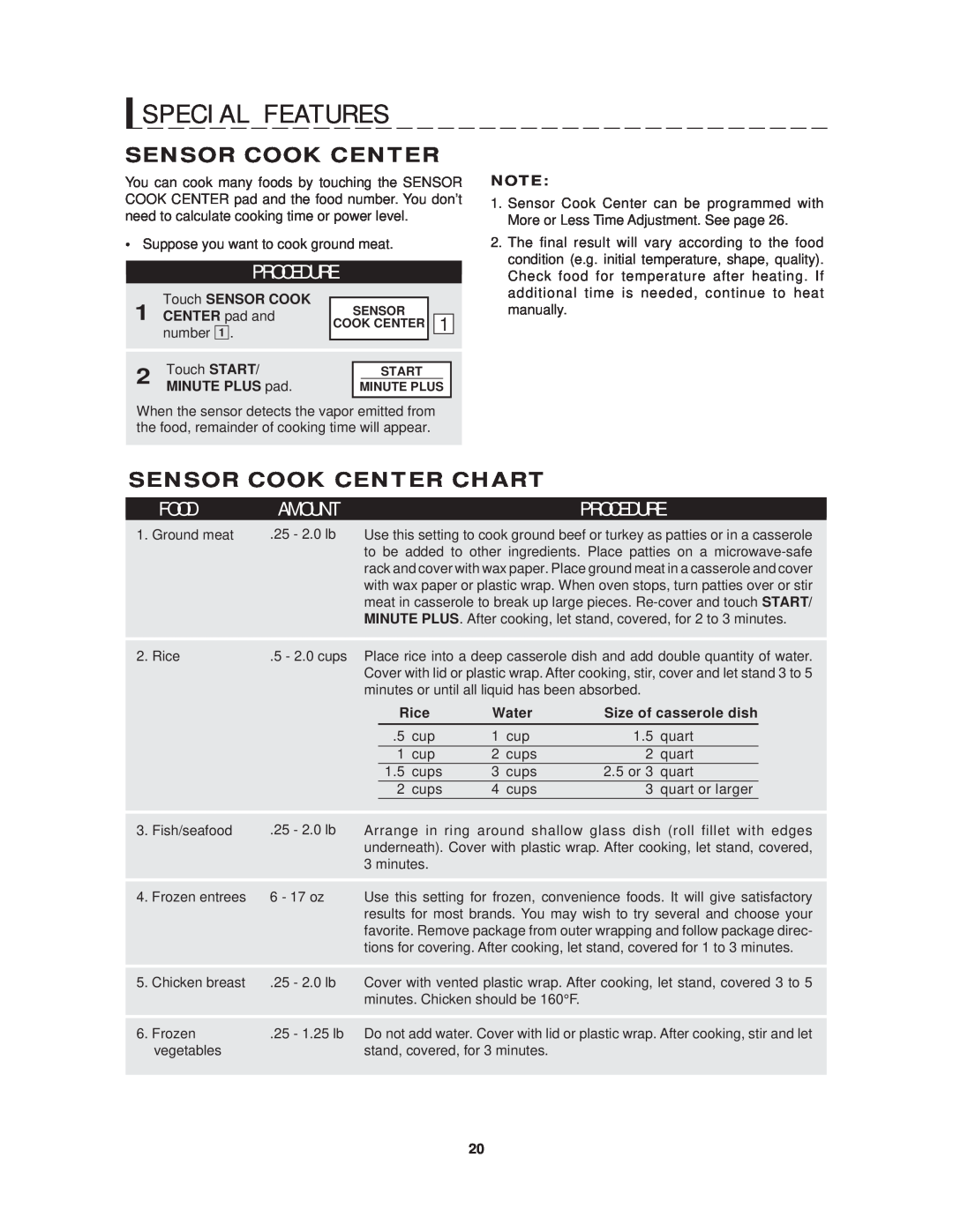 Sharp R-1214 Sensor Cook Center Chart, S P E C I A L F E A T U R E S, P R O C E D U R E, F O O D, Touch SENSOR COOK 