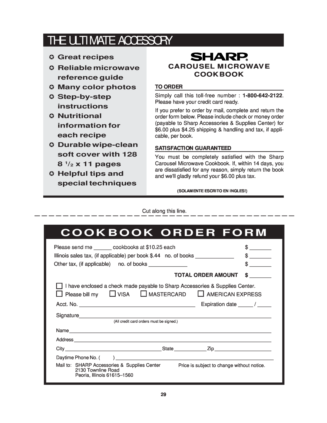 Sharp R-1214 T H E U L T I M A T E A C C E S S O R Y, Total Order Amount, Cookbook Order Form, Satisfaction Guaranteed 