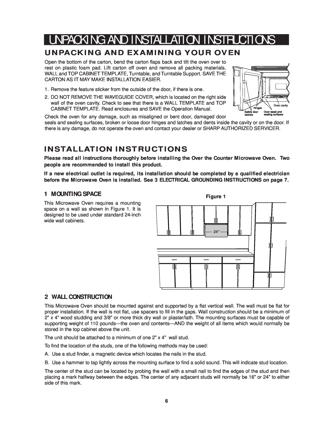 Sharp R-1214 Unpacking And Examining Your Oven, Installation Instructions, Mounting Space, Wall Construction 
