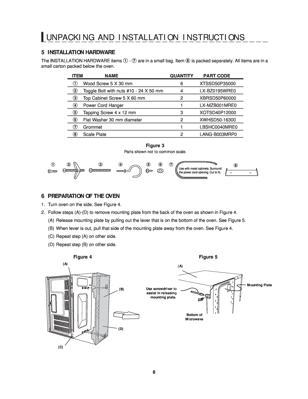Sharp R-1214 operation manual Installation Hardware, Preparation Of The Oven, Name, Quantity, Part Code 