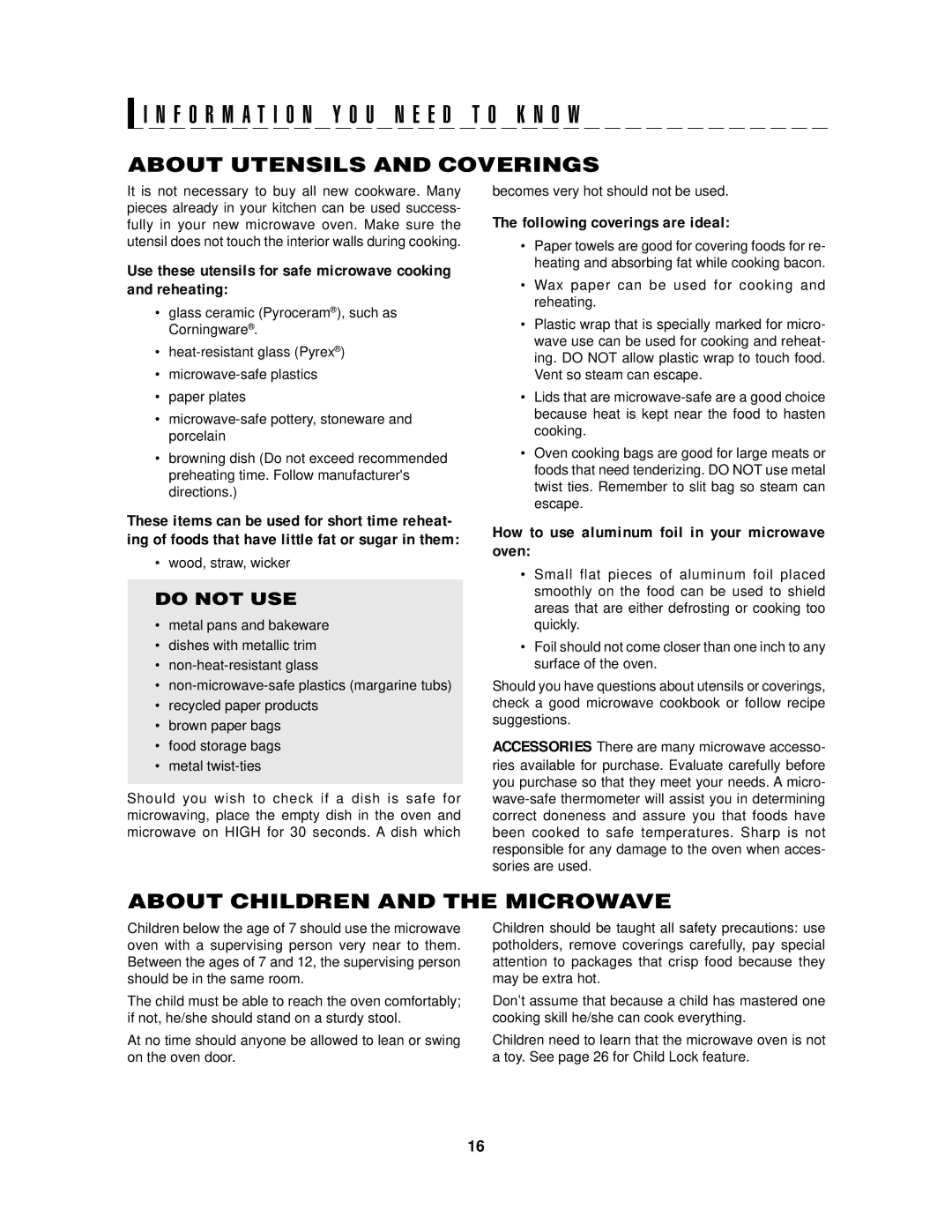 Sharp R-1405, R-1406 manual About Utensils and Coverings, About Children and the Microwave 