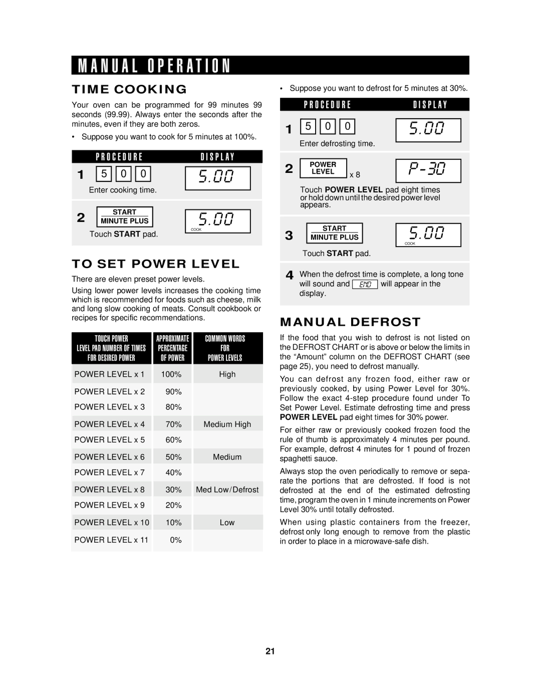 Sharp R-1405, R-1406 manual N U a L O P E R a T I O N, Time Cooking, To SET Power Level, Manual Defrost 