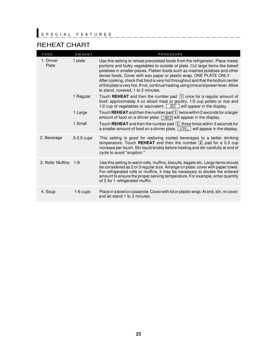 Sharp R-1405, R-1406 manual E C I a L F E a T U R E S, Reheat Chart 