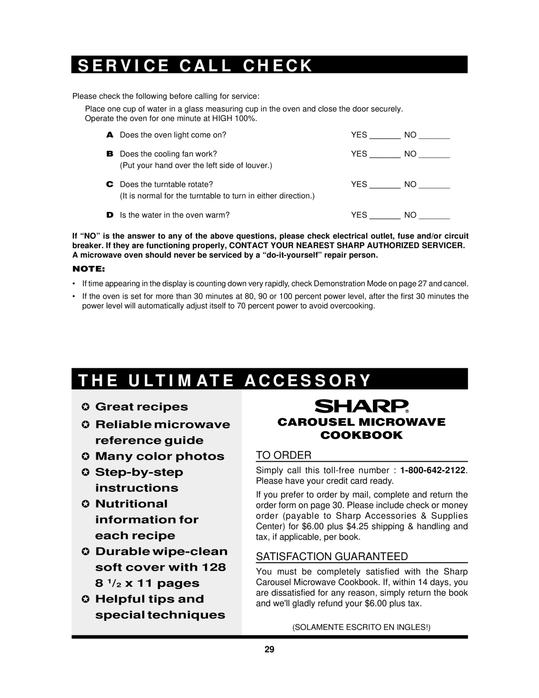 Sharp R-1405, R-1406 manual R V I C E C a L L C H E C K, E U L T I M a T E a C C E S S O R Y 