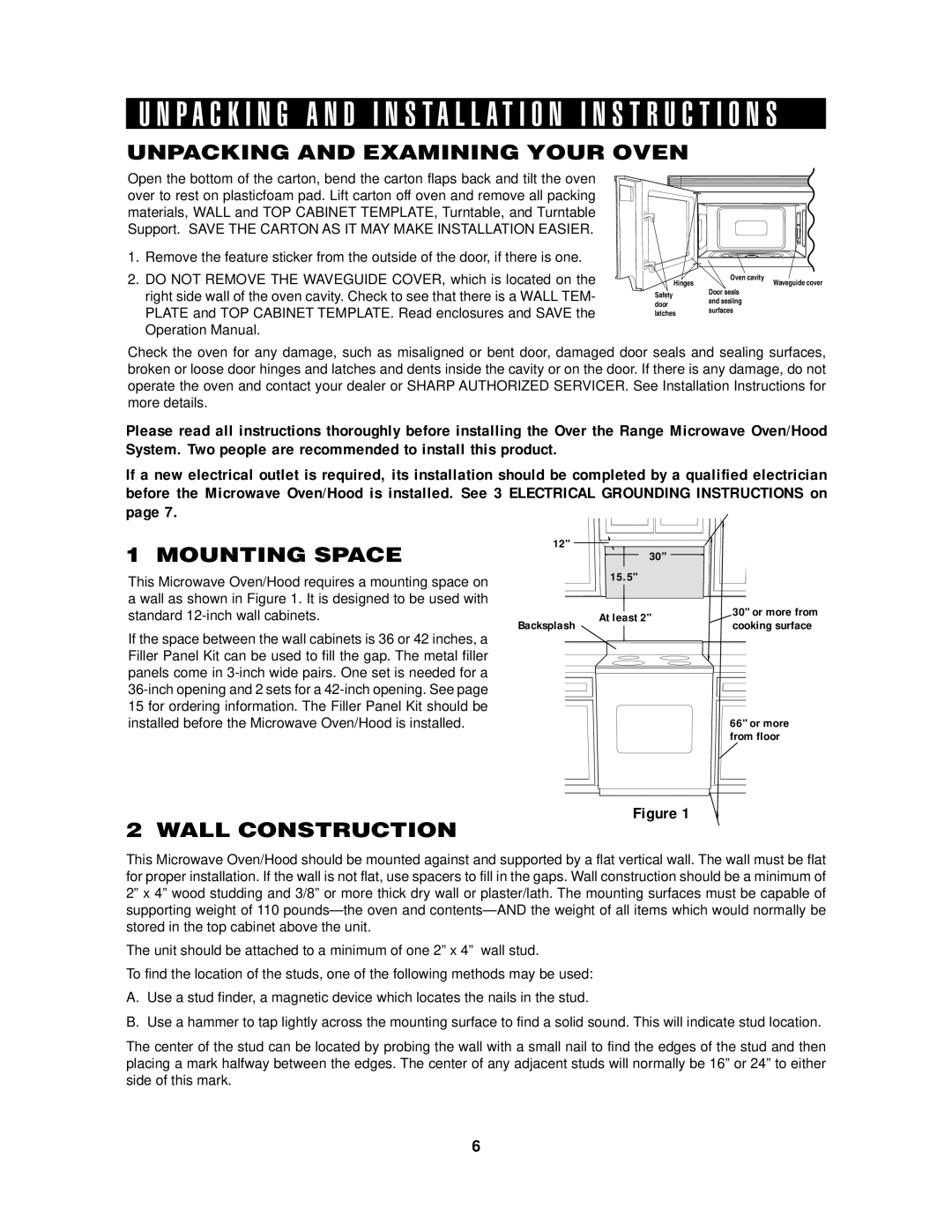 Sharp R-1405, R-1406 manual Unpacking and Examining Your Oven, Mounting Space, Wall Construction 