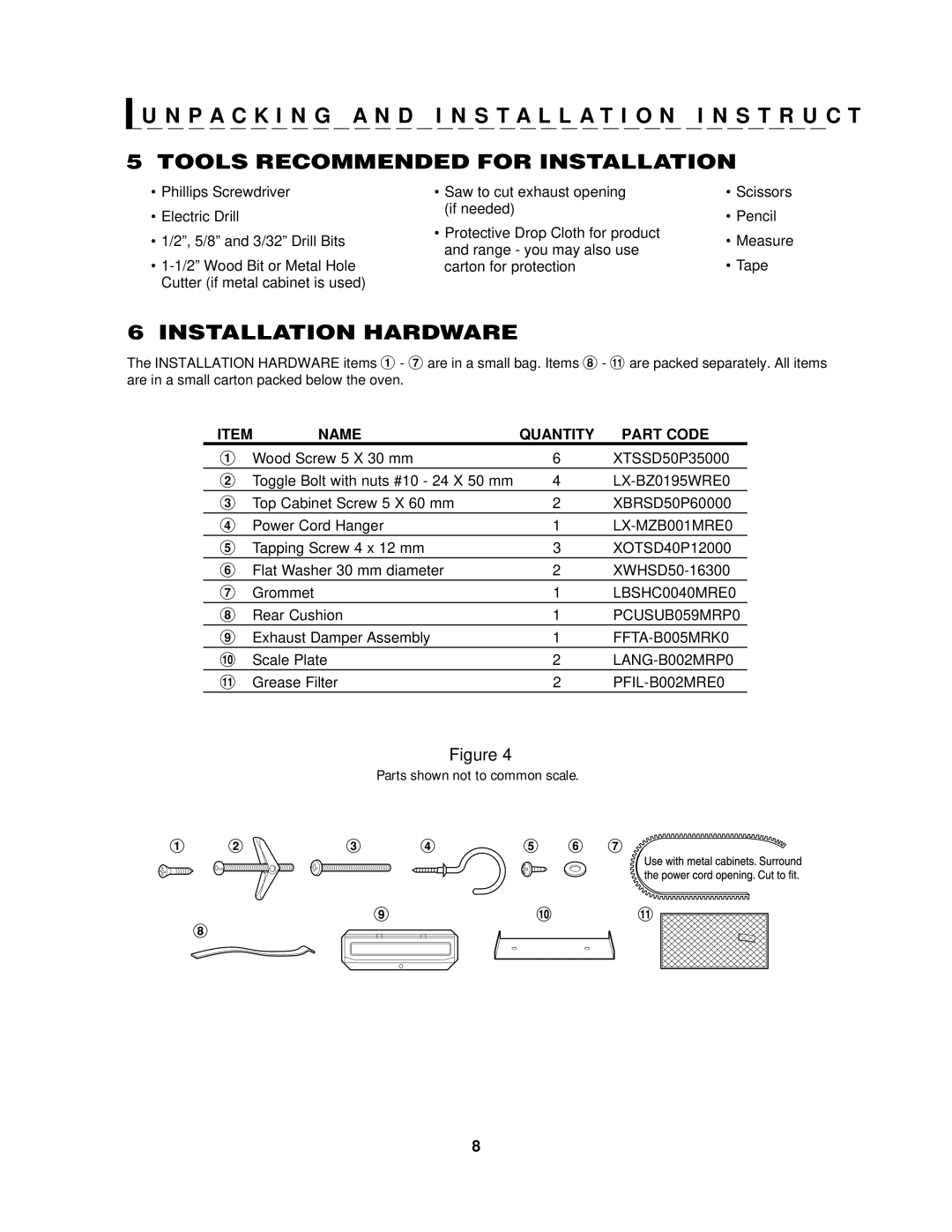 Sharp R-1405, R-1406 manual Tools Recommended for Installation, Installation Hardware 