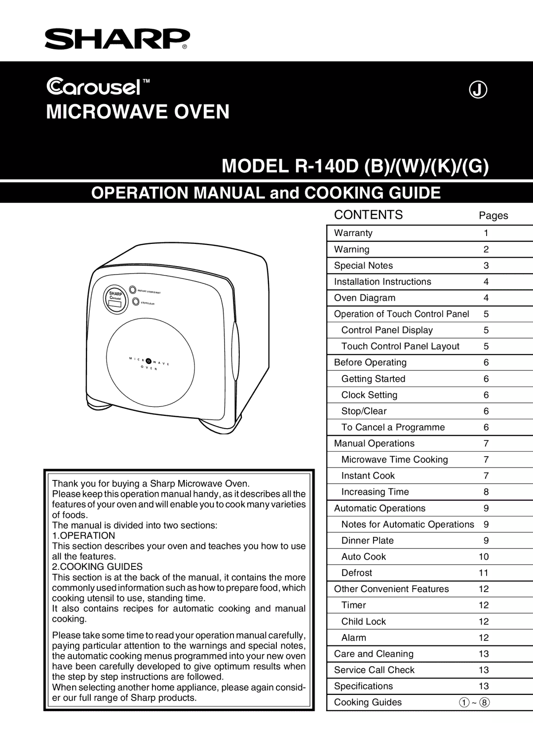 Sharp R-140D operation manual Microwave Oven 