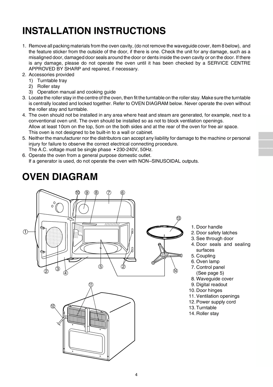 Sharp R-140D operation manual Installation Instructions, Oven Diagram 