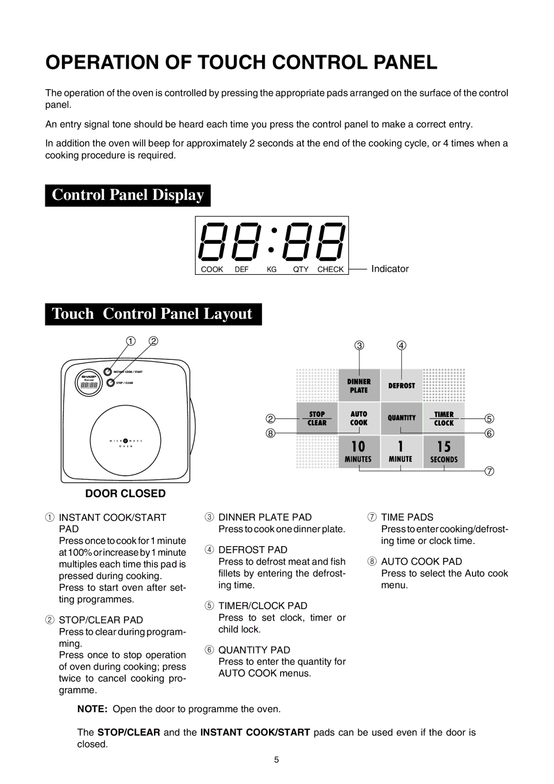 Sharp R-140D operation manual Operation of Touch Control Panel, Control Panel Display, Touch Control Panel Layout 