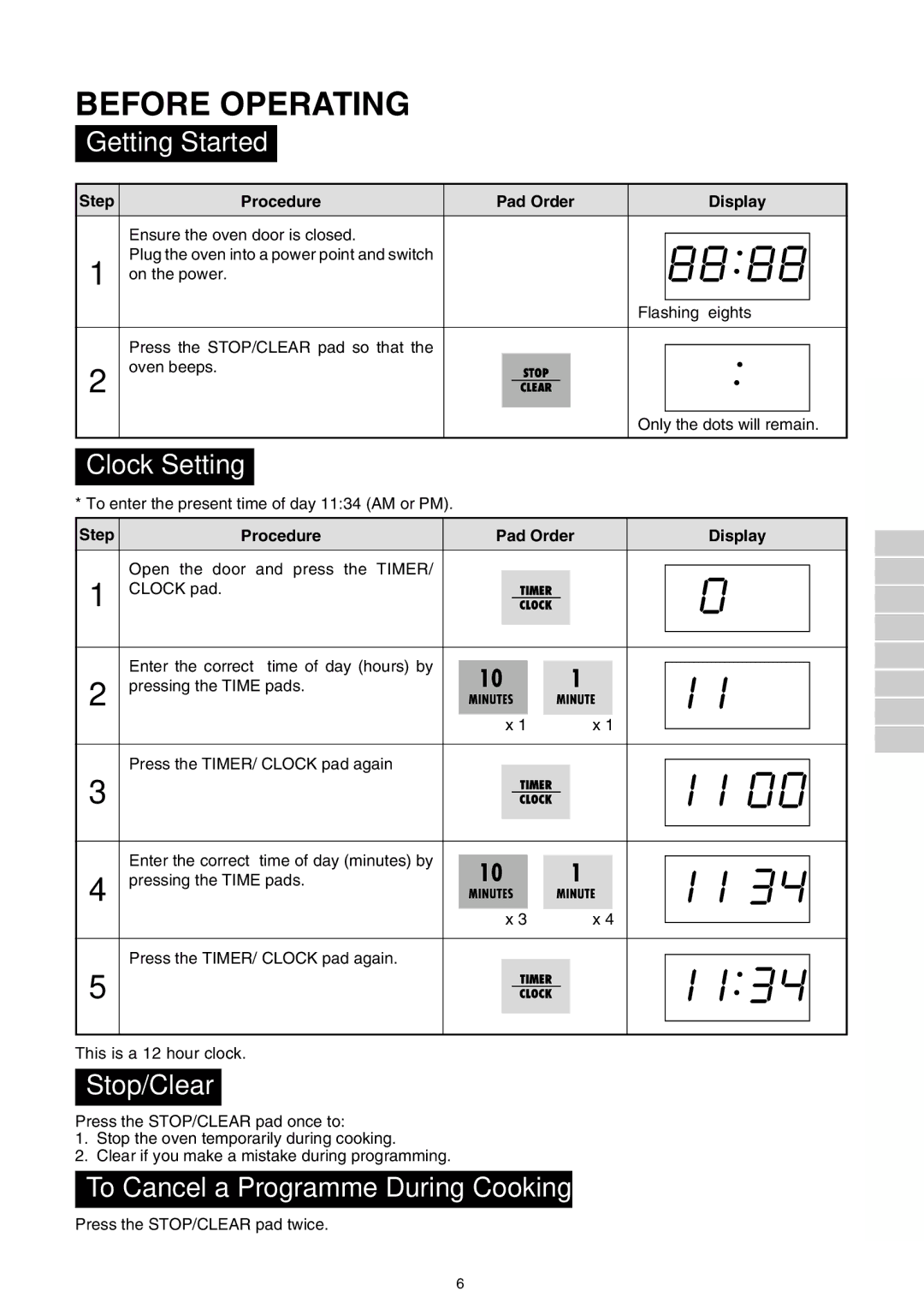 Sharp R-140D Before Operating, Getting Started, Clock Setting, Stop/Clear, To Cancel a Programme During Cooking 