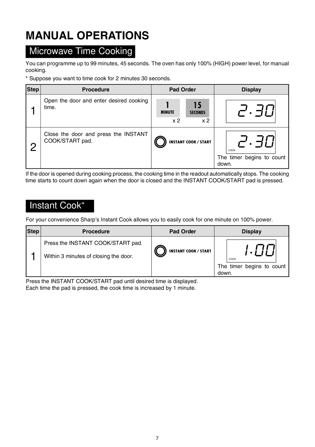 Sharp R-140D operation manual Manual Operations, Microwave Time Cooking, Instant Cook 