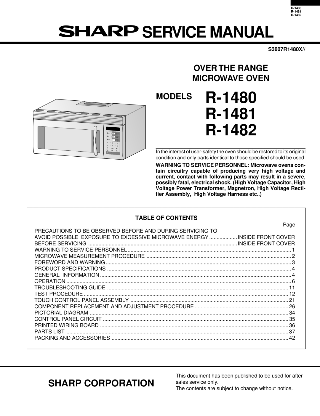 Sharp R-1482, R-1480, R-1481 service manual Over the Range Microwave Oven, Table of Contents 