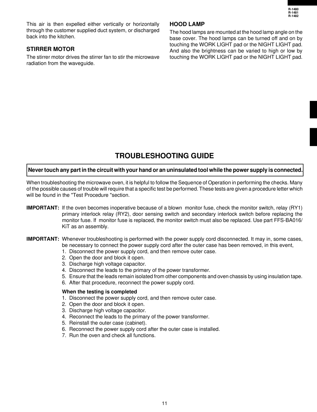 Sharp R-1482, R-1480, R-1481 service manual Troubleshooting Guide, Stirrer Motor, Hood Lamp 