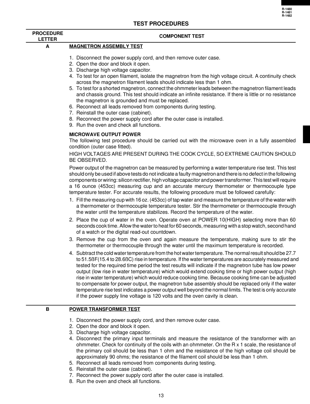 Sharp R-1480, R-1482 Test Procedures, Procedure Letter Component Test Magnetron Assembly Test, Microwave Output Power 