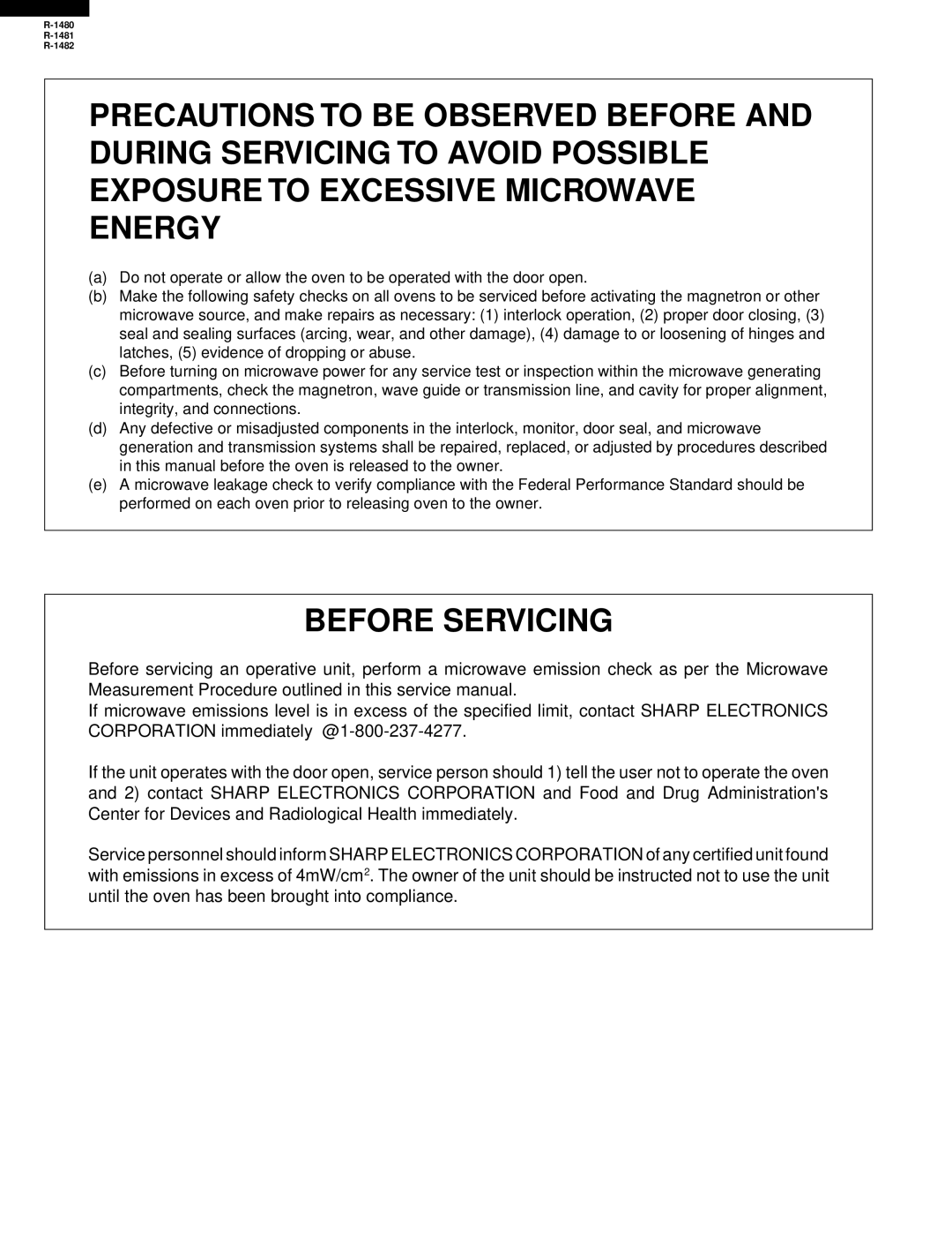 Sharp R-1481, R-1480, R-1482 service manual Before Servicing 