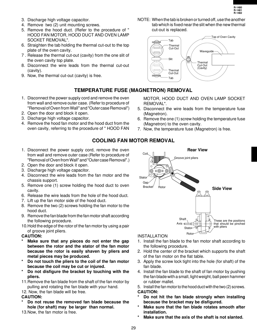 Sharp R-1482, R-1480, R-1481 service manual Temperature Fuse Magnetron Removal, Cooling FAN Motor Removal, Rear View 