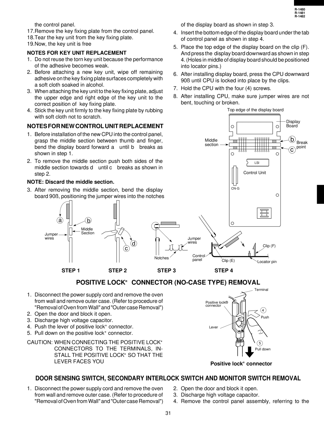 Sharp R-1480, R-1482, R-1481 service manual Positive Lock Connector NO-CASE Type Removal, Step, Positive lock connector 