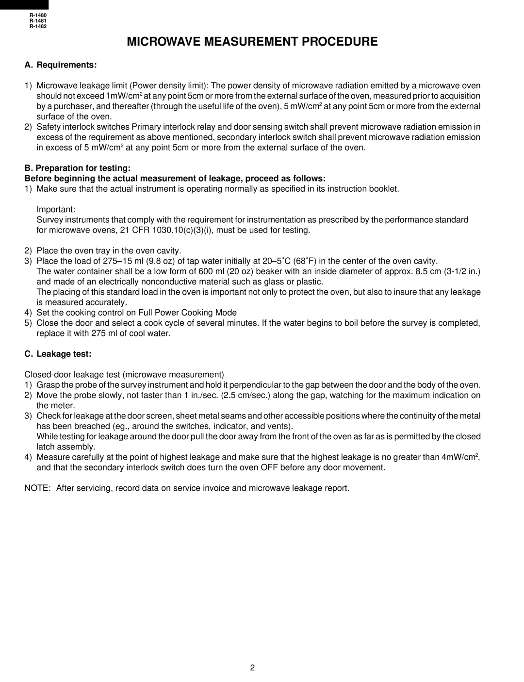 Sharp R-1482, R-1480, R-1481 service manual Microwave Measurement Procedure, Requirements, Leakage test 