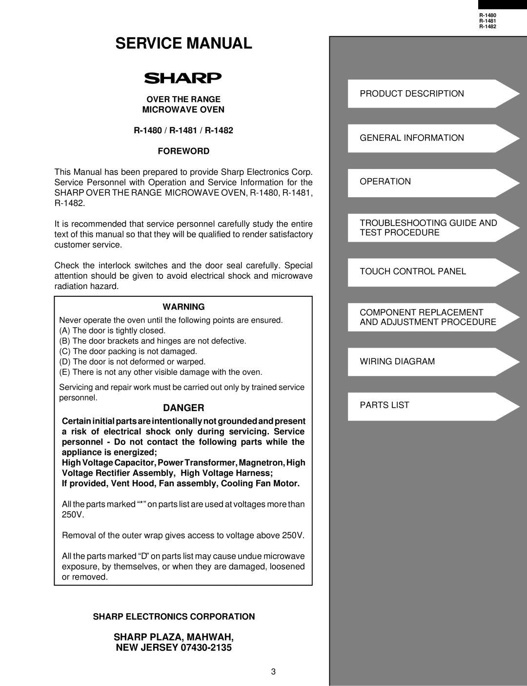 Sharp R-1480 service manual Sharp PLAZA, Mahwah, Over the Range Microwave Oven, 1480 / R-1481 / R-1482, Foreword 