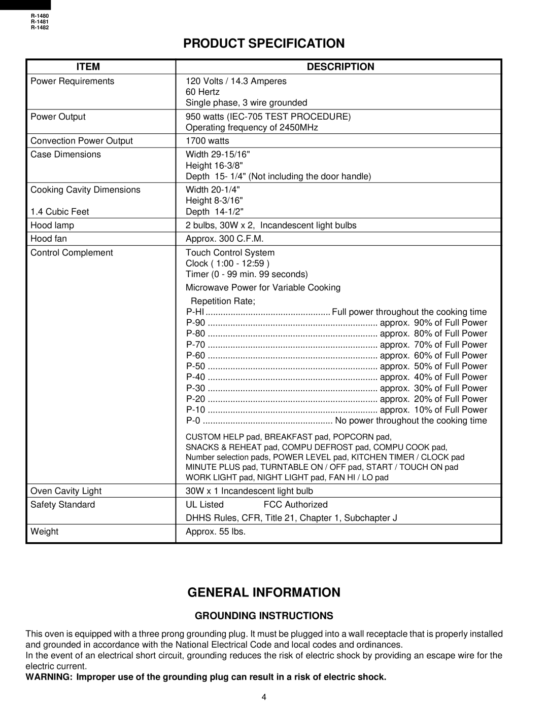 Sharp R-1480, R-1482, R-1481 service manual Product Specification, General Information, Description, Grounding Instructions 