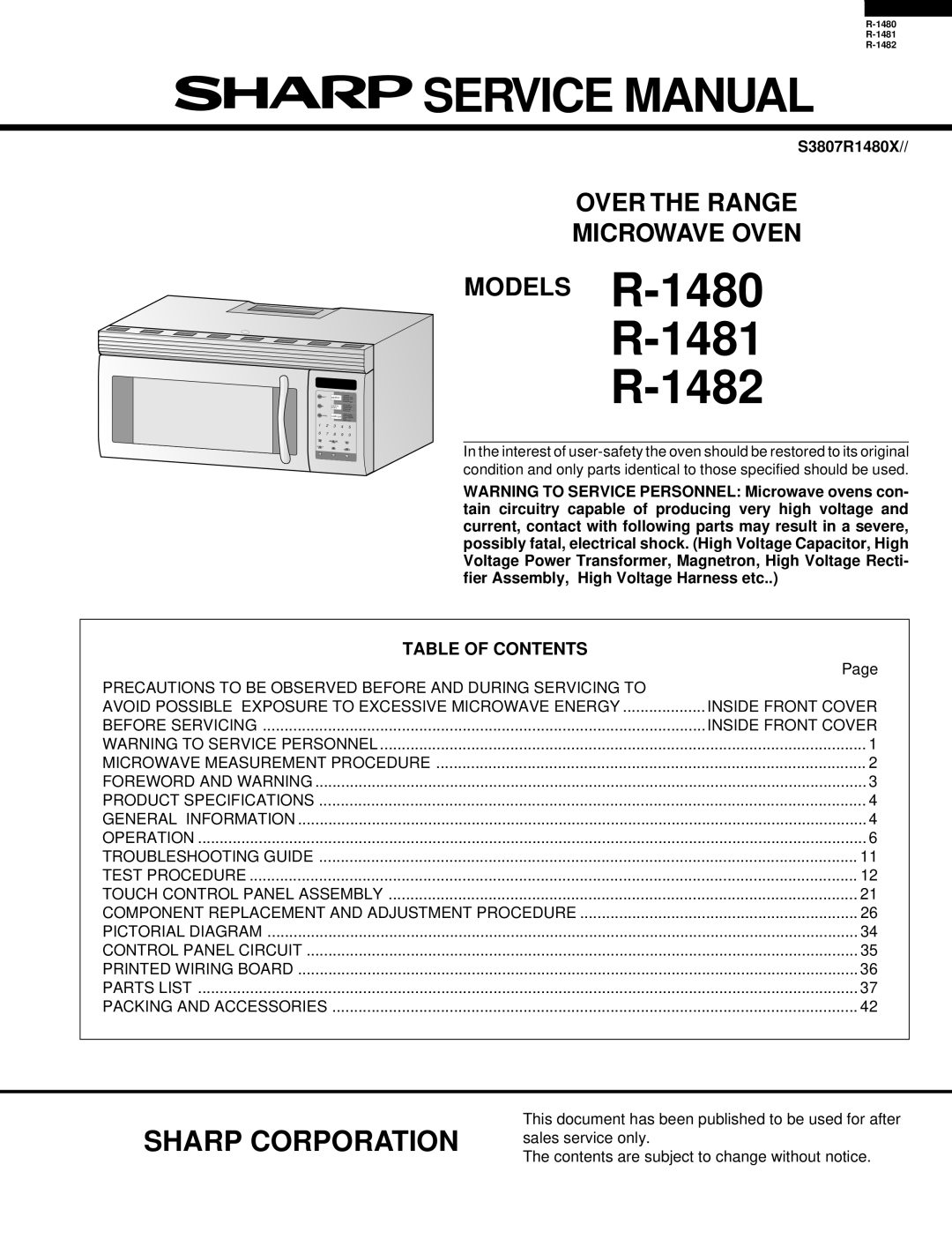 Sharp service manual Sharp Corporation, Table Of Contents, R-1481 R-1482, Over The Range Microwave Oven, MODELS R-1480 