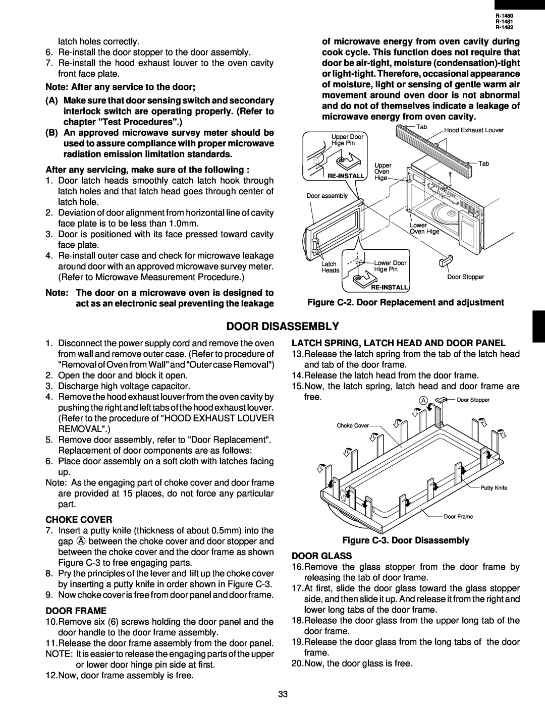 Sharp R-1481, R-1480 Door Disassembly, Note After any service to the door, After any servicing, make sure of the following 