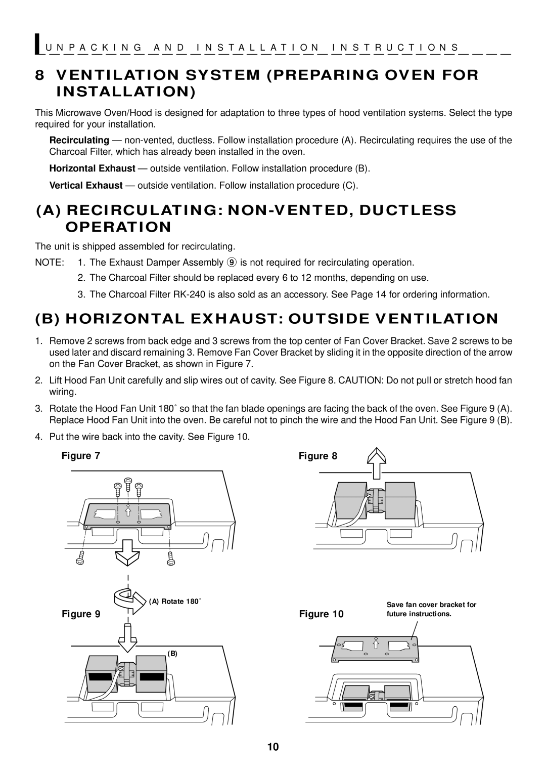 Sharp R-1500, R-1505 manual Ventilation System Preparing Oven for Installation, Recirculating NON-VENTED, Ductless Operation 