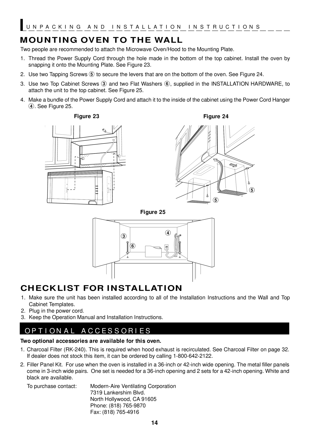 Sharp R-1502, R-1500, R-1505 manual T I O N a L a C C E S S O R I E S, Mounting Oven to the Wall, Checklist for Installation 