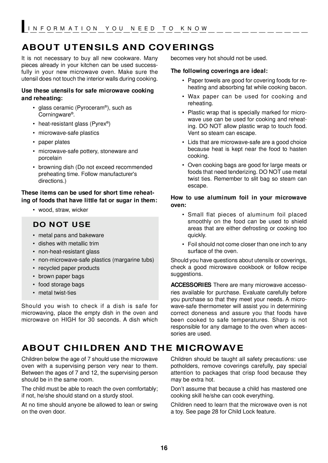 Sharp R-1505, R-1500, R-1501, R-1506, R-1502 manual About Utensils and Coverings, About Children and the Microwave 