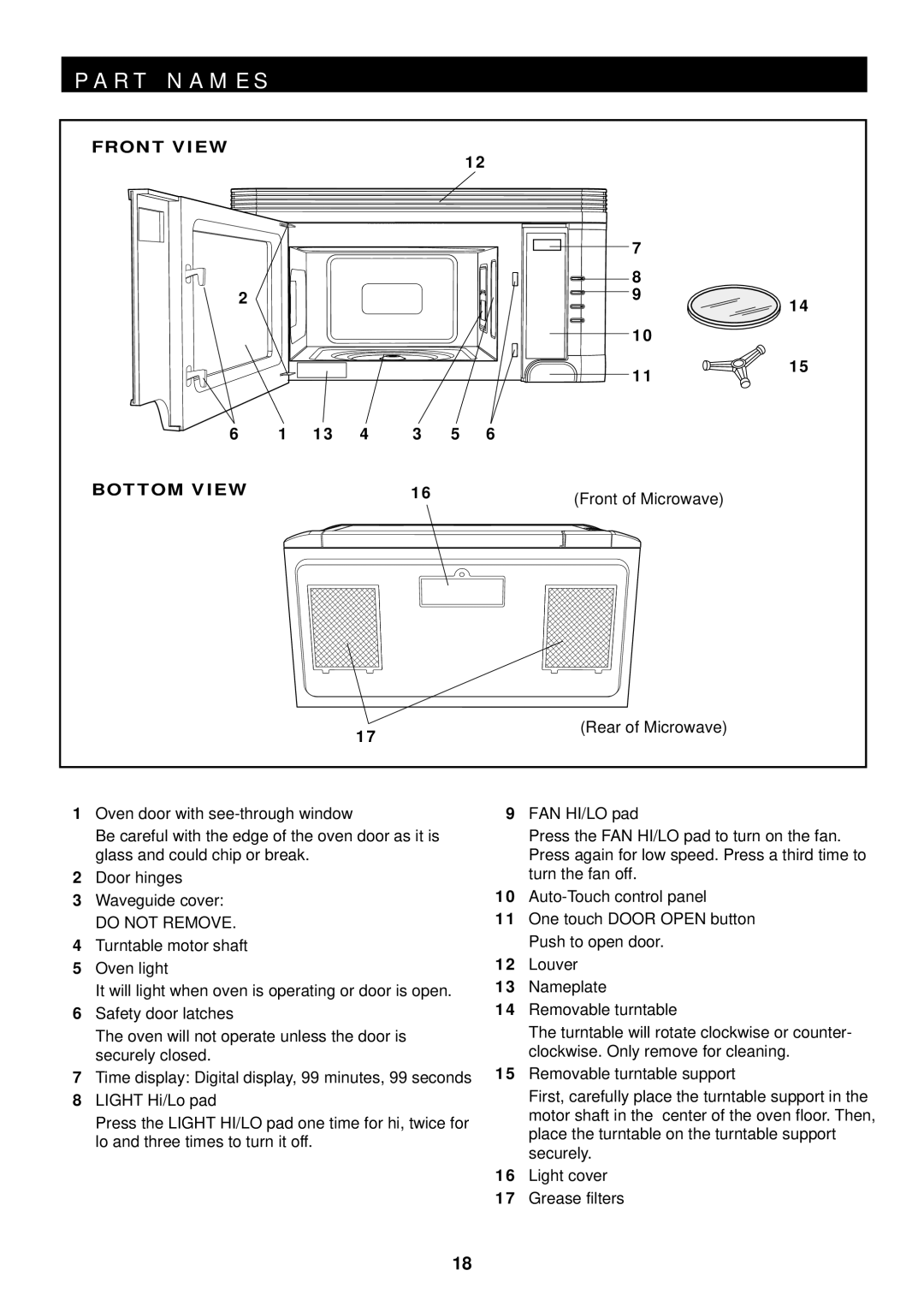 Sharp R-1506, R-1500, R-1505, R-1501, R-1502 manual Front of Microwave Rear of Microwave, Do not Remove 