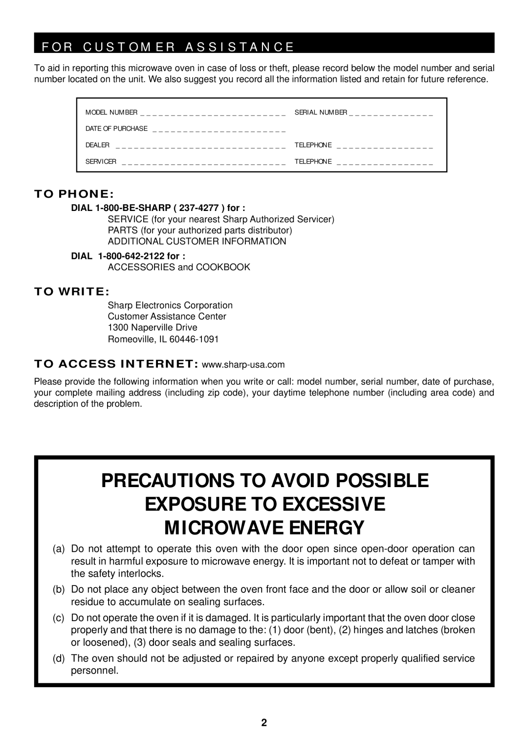 Sharp R-1501 R C U S T O M E R a S S I S T a N C E, Dial 1-800-BE-SHARP 237-4277 for, Additional Customer Information 