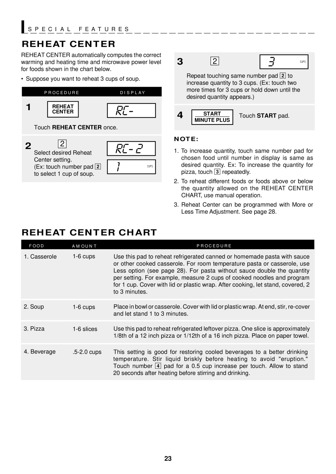 Sharp R-1506, R-1500, R-1505, R-1501, R-1502 manual Reheat Center Chart, Touch Reheat Center once, Touch Start pad 