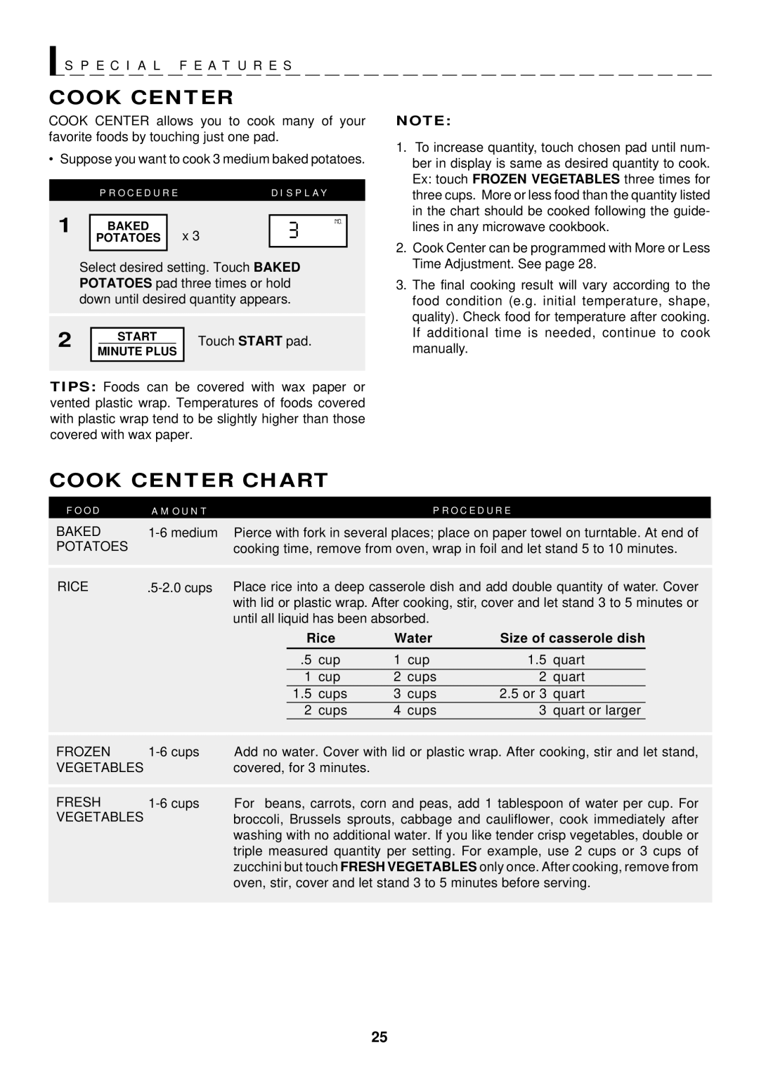 Sharp R-1500, R-1505, R-1501, R-1506, R-1502 manual Cook Center Chart, Rice Water Size of casserole dish 