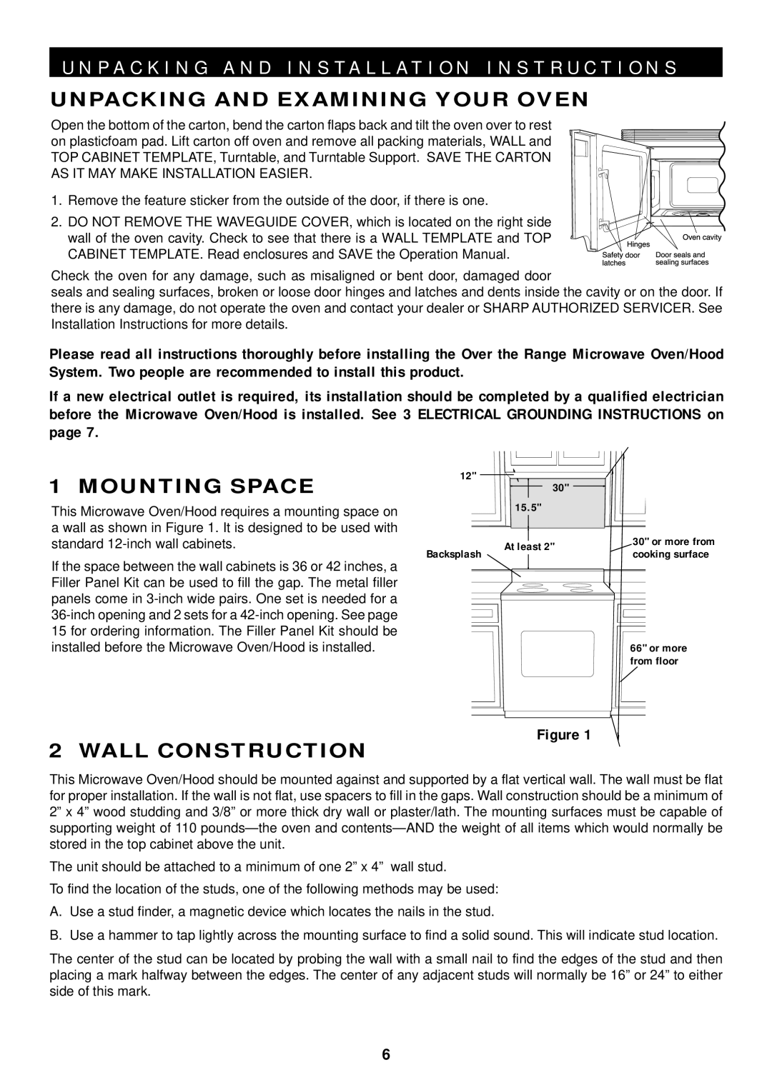 Sharp R-1505, R-1500, R-1501, R-1506, R-1502 manual Unpacking and Examining Your Oven, Mounting Space, Wall Construction 