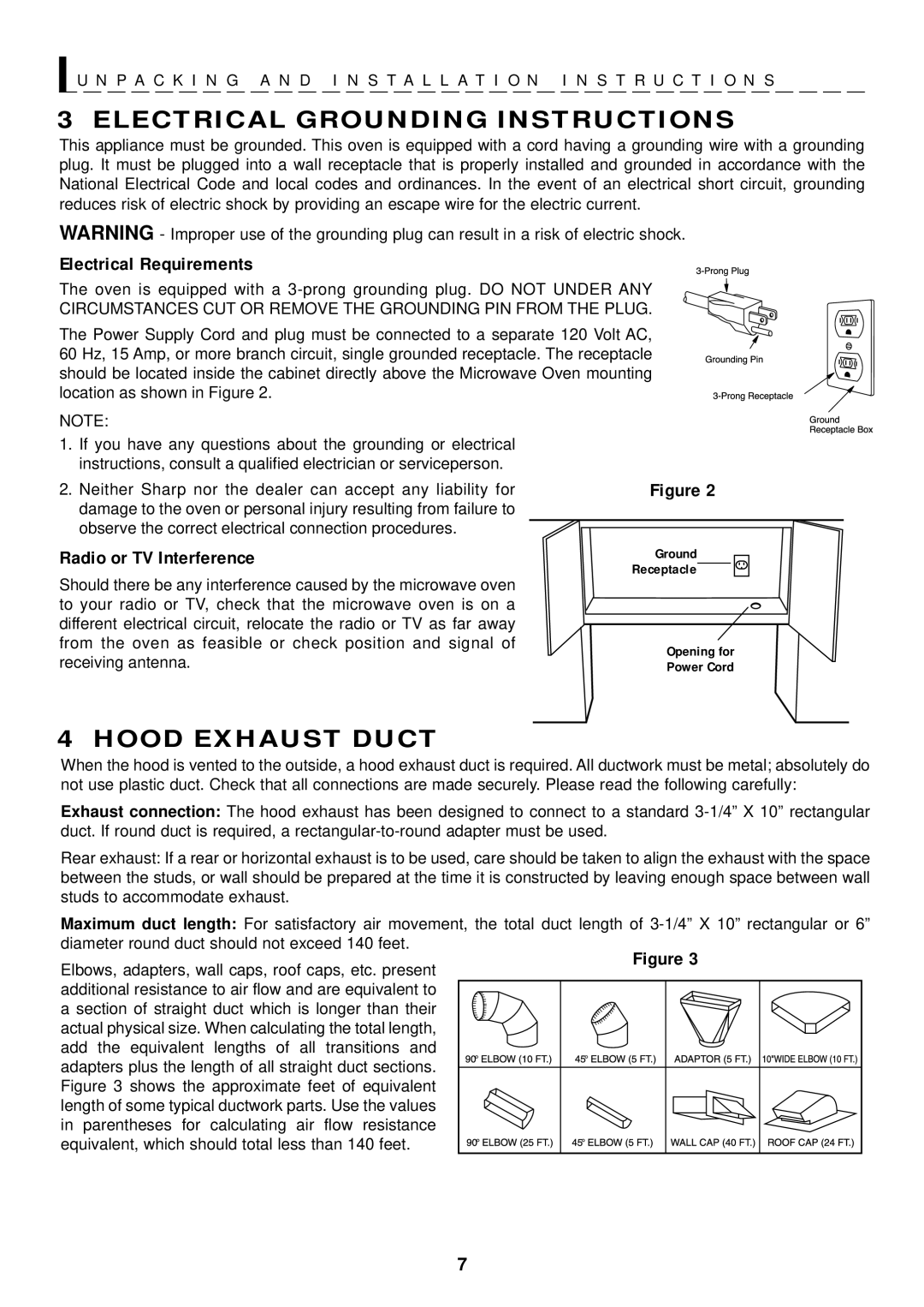 Sharp R-1501, R-1500, R-1505, R-1506, R-1502 manual Electrical Grounding Instructions, Hood Exhaust Duct 