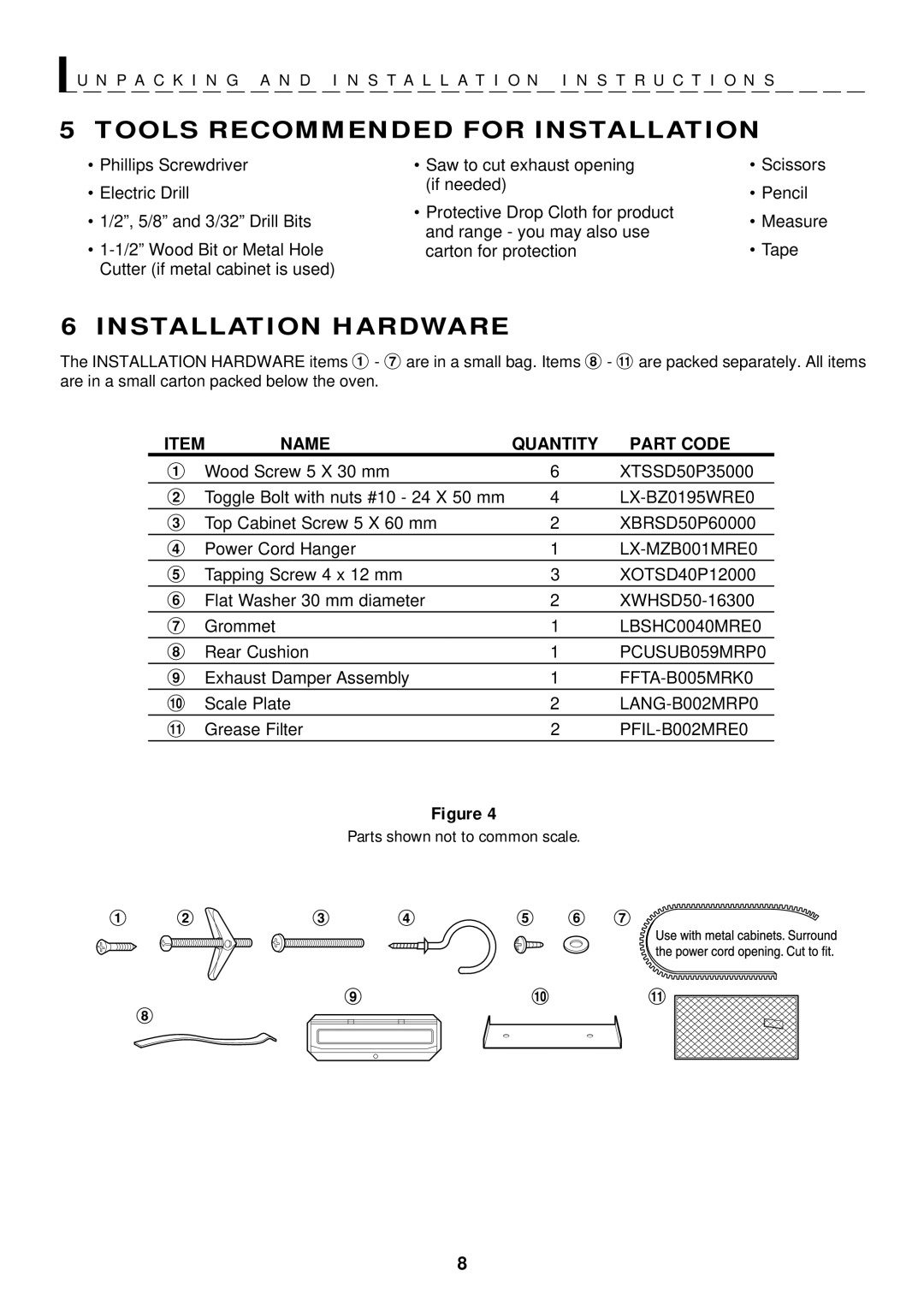 Sharp R-1506, R-1500, R-1505, R-1501, R-1502 manual Tools Recommended for Installation, Installation Hardware 