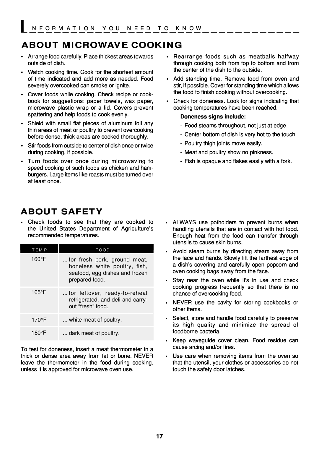 Sharp R-1501 About Microwave Cooking, About Safety, T E M P, F O O D, I N F O R M A T I O N Y O U N E E D T O K N O W 