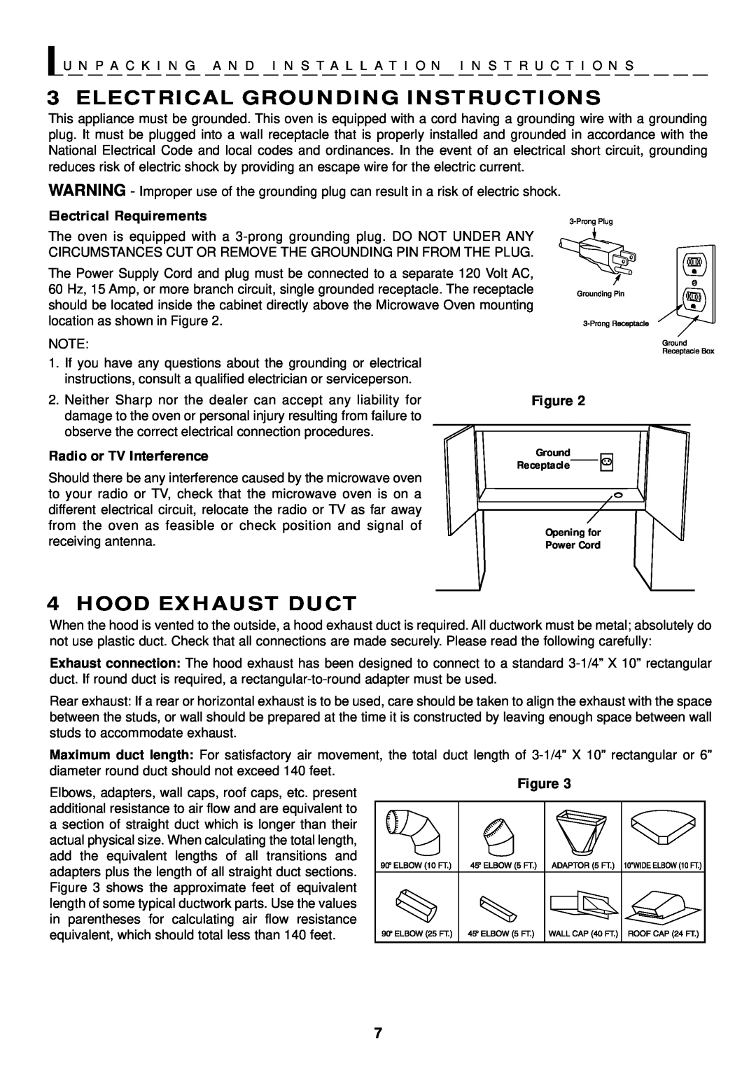 Sharp R-1501 manual Electrical Grounding Instructions, Hood Exhaust Duct, Electrical Requirements, Radio or TV Interference 