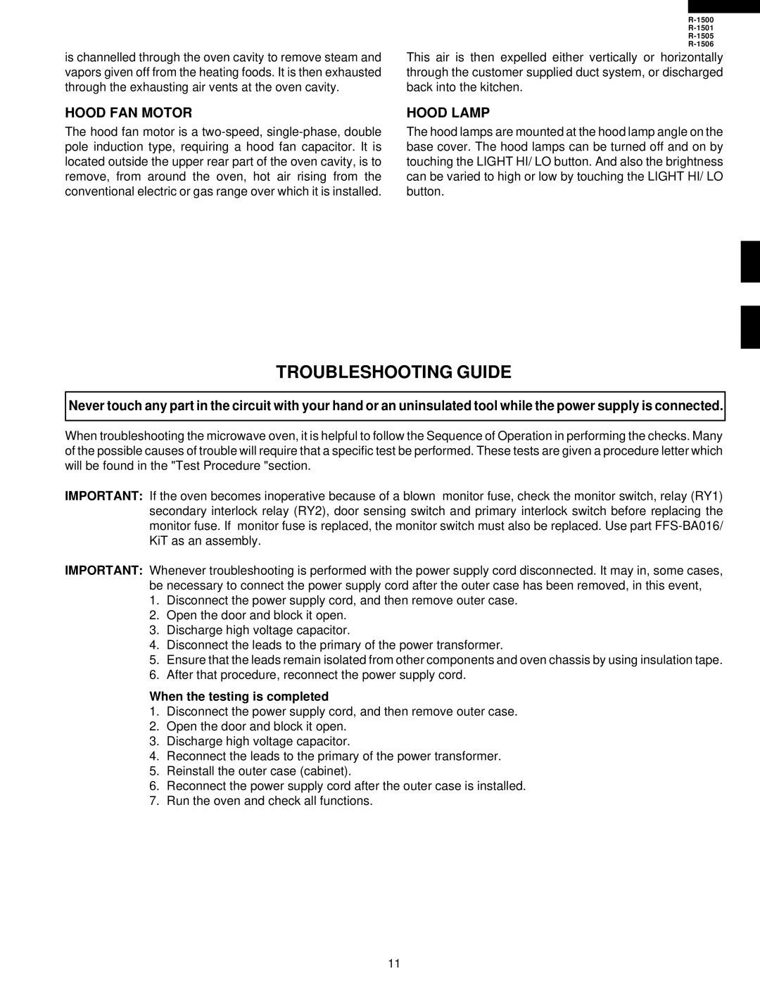 Sharp R-1505, R-1500, R-1501, R-1506 service manual Troubleshooting Guide, Hood FAN Motor, Hood Lamp 