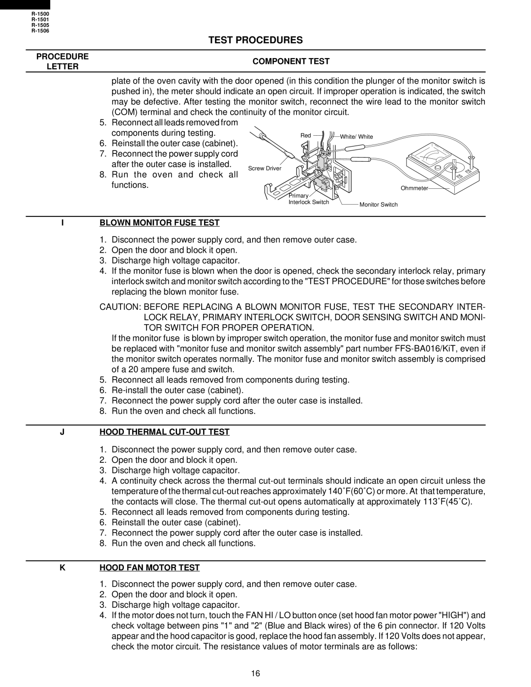 Sharp R-1501 Procedure Component Test Letter, Blown Monitor Fuse Test, Hood Thermal CUT-OUT Test, Hood FAN Motor Test 