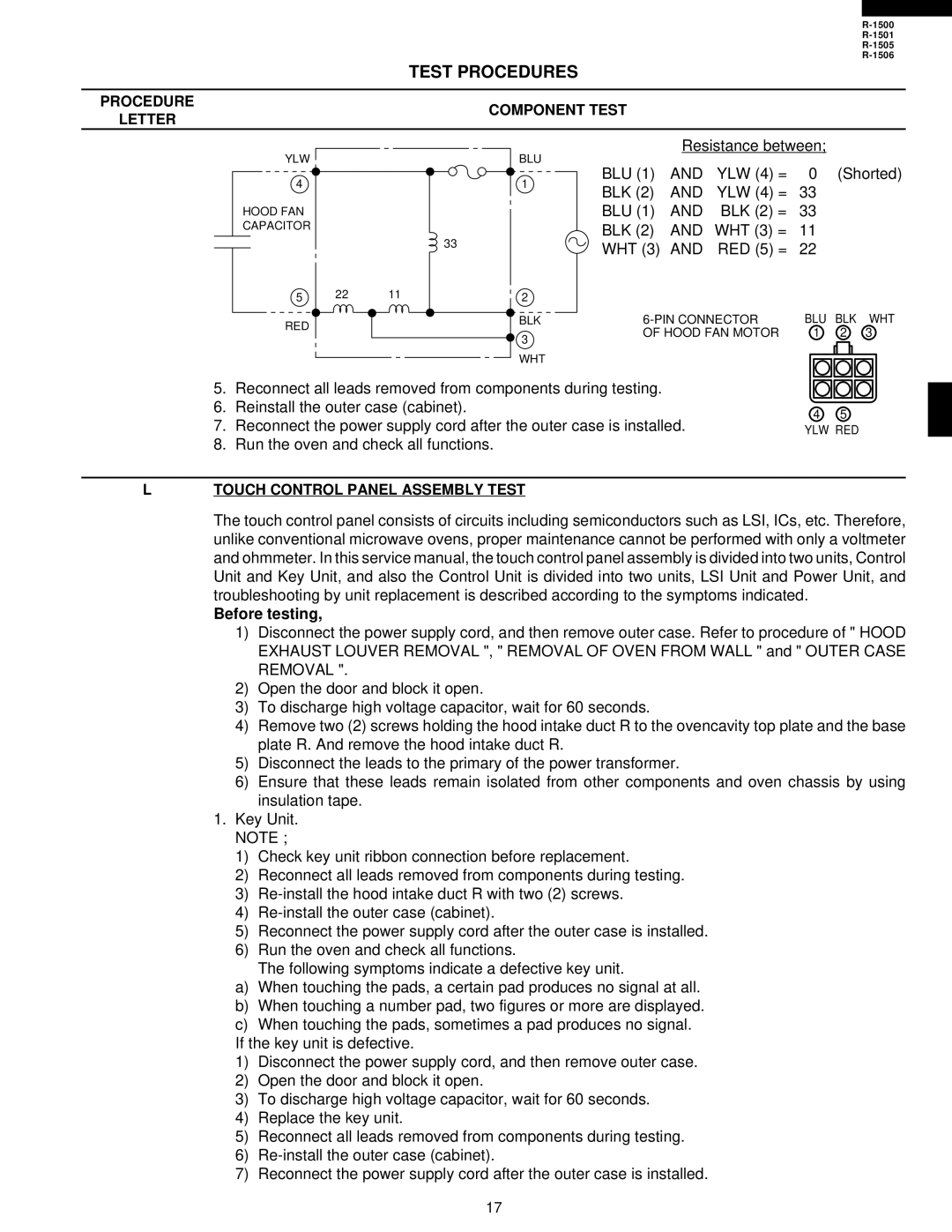 Sharp R-1506, R-1500, R-1505, R-1501 service manual WHT 3, Touch Control Panel Assembly Test, Before testing 