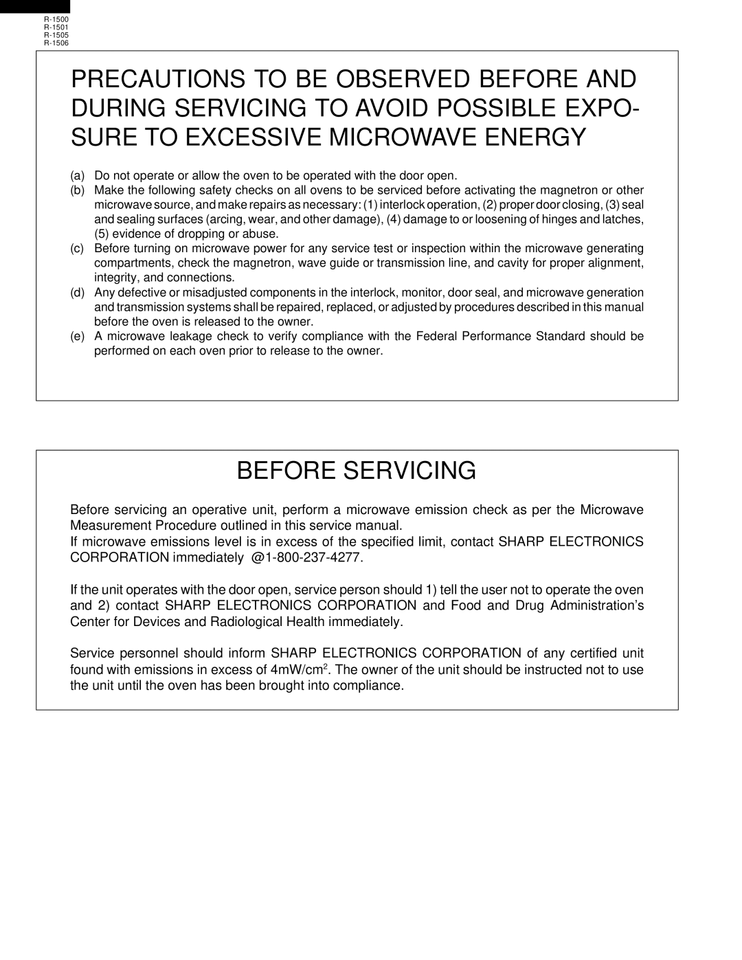 Sharp R-1501, R-1500, R-1505, R-1506 service manual Before Servicing 