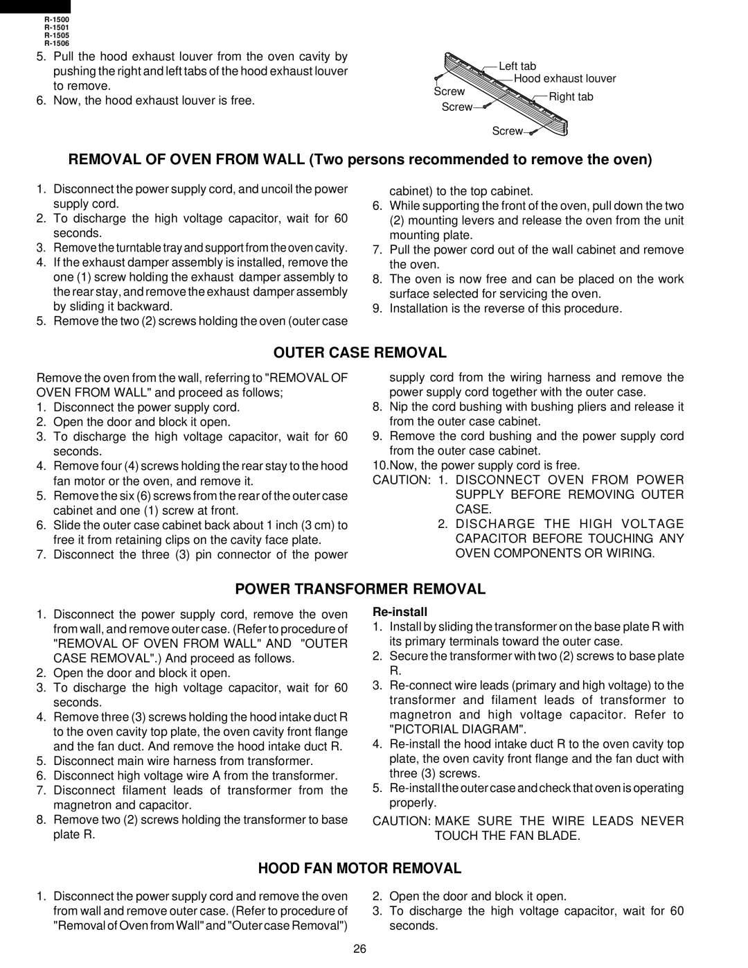 Sharp R-1500, R-1505 Outer Case Removal, Power Transformer Removal, Hood FAN Motor Removal, Re-install, Pictorial Diagram 